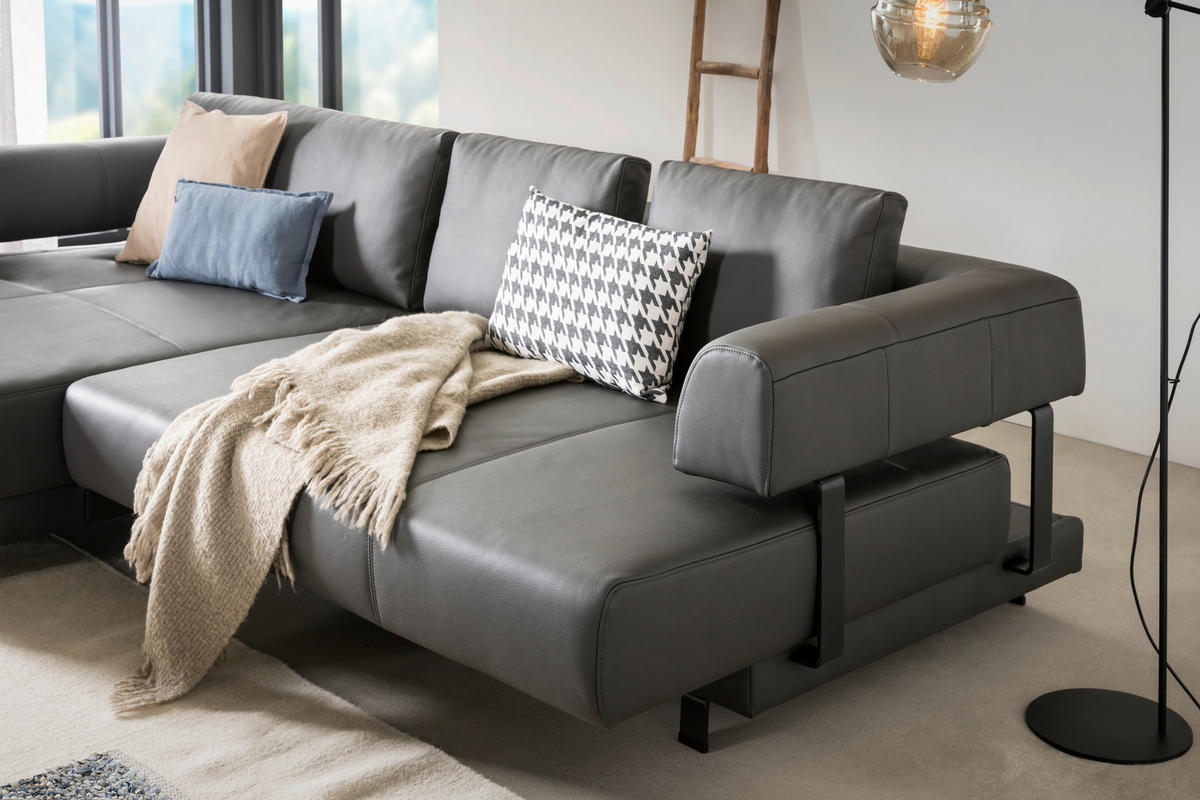 ECKSOFA in Echtleder Schieferfarben  - Schieferfarben/Schwarz, Design, Leder/Metall (188/307cm)