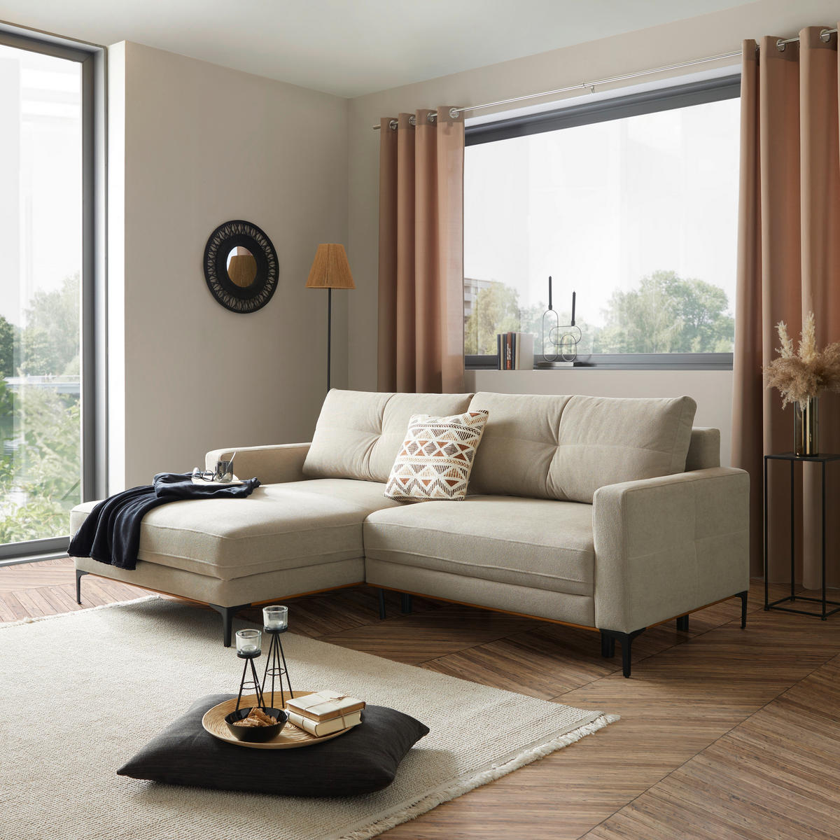 Ecksofa mit Schlaffunktion Beige  - Beige/Schwarz, MODERN, Textil/Metall (162/238cm) - Ondega