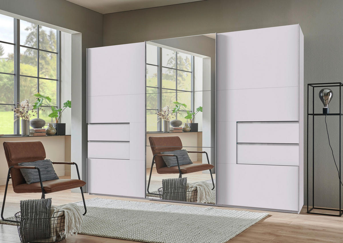 SCHWEBETÜRENSCHRANK 3-türig Weiß  - Alufarben/Weiß, Design, Glas/Holzwerkstoff (300/216/65cm) - Stylife
