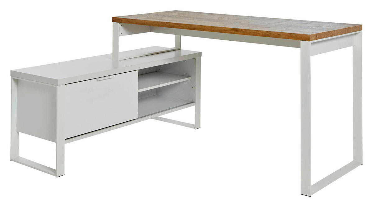 SCHREIBTISCH 147/120/76 cm  in Weiss, Eichefarben  - Weiss/Eichefarben, Konventionell, Holzwerkstoff/Metall (147/120/76cm) - Livetastic