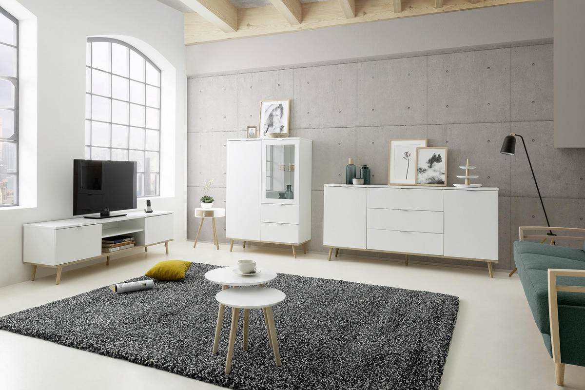 KOMODA, bela, hrast sonoma  - bela/barve aluminija, Konvencionalno, kovina/leseni material (180/87/40cm) - MID.YOU