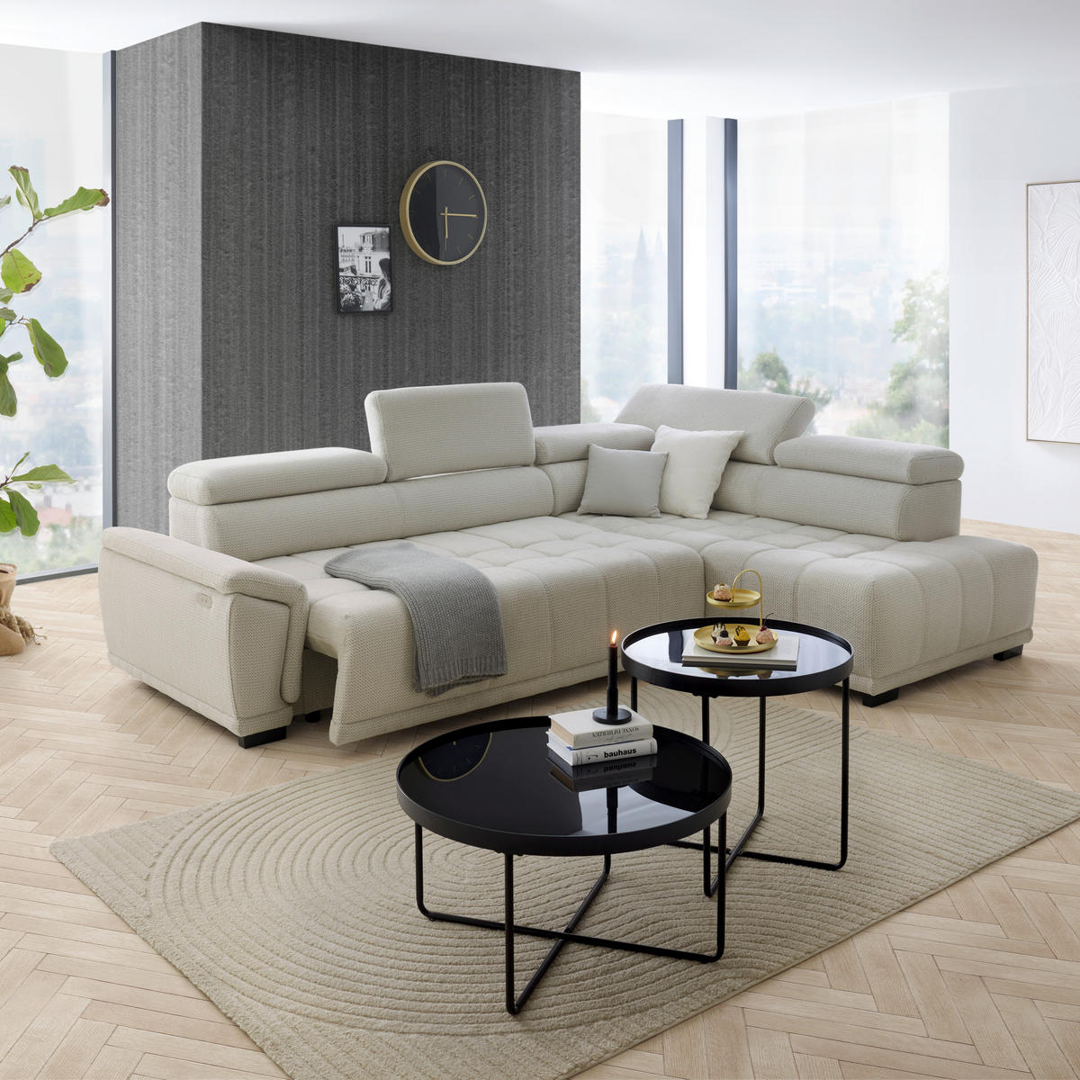 HÖRNSOFFA i chenille, vävt tyg gråvit  - gråvit/svart, Modern, textil/plast (283/106cm) - MID.YOU