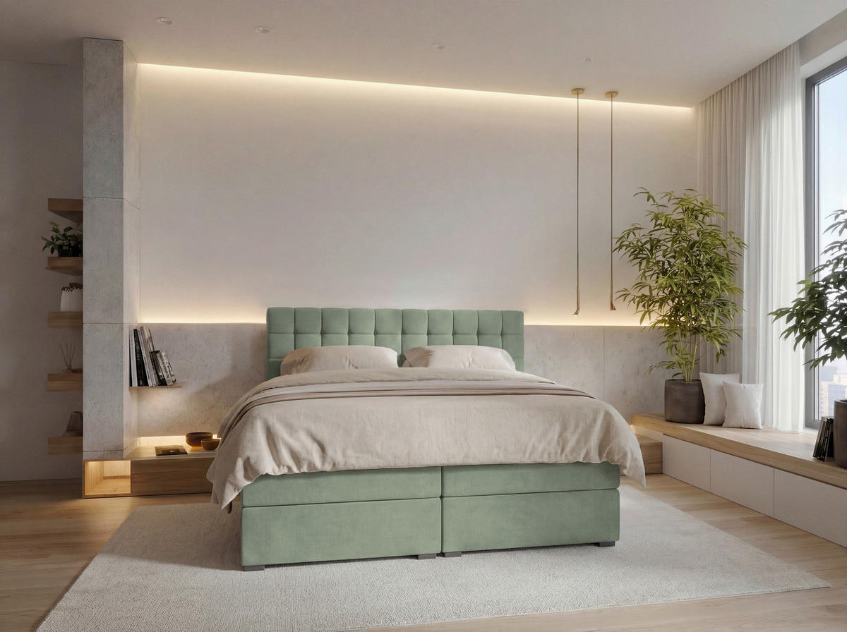 BOXSPRINGBETT 160/200 cm,  in Grün, Bettkasten, Topper, Matratzen, H3 = fest  - Schwarz/Grün, KONVENTIONELL, Kunststoff/Textil (160/200cm) - Boxxx