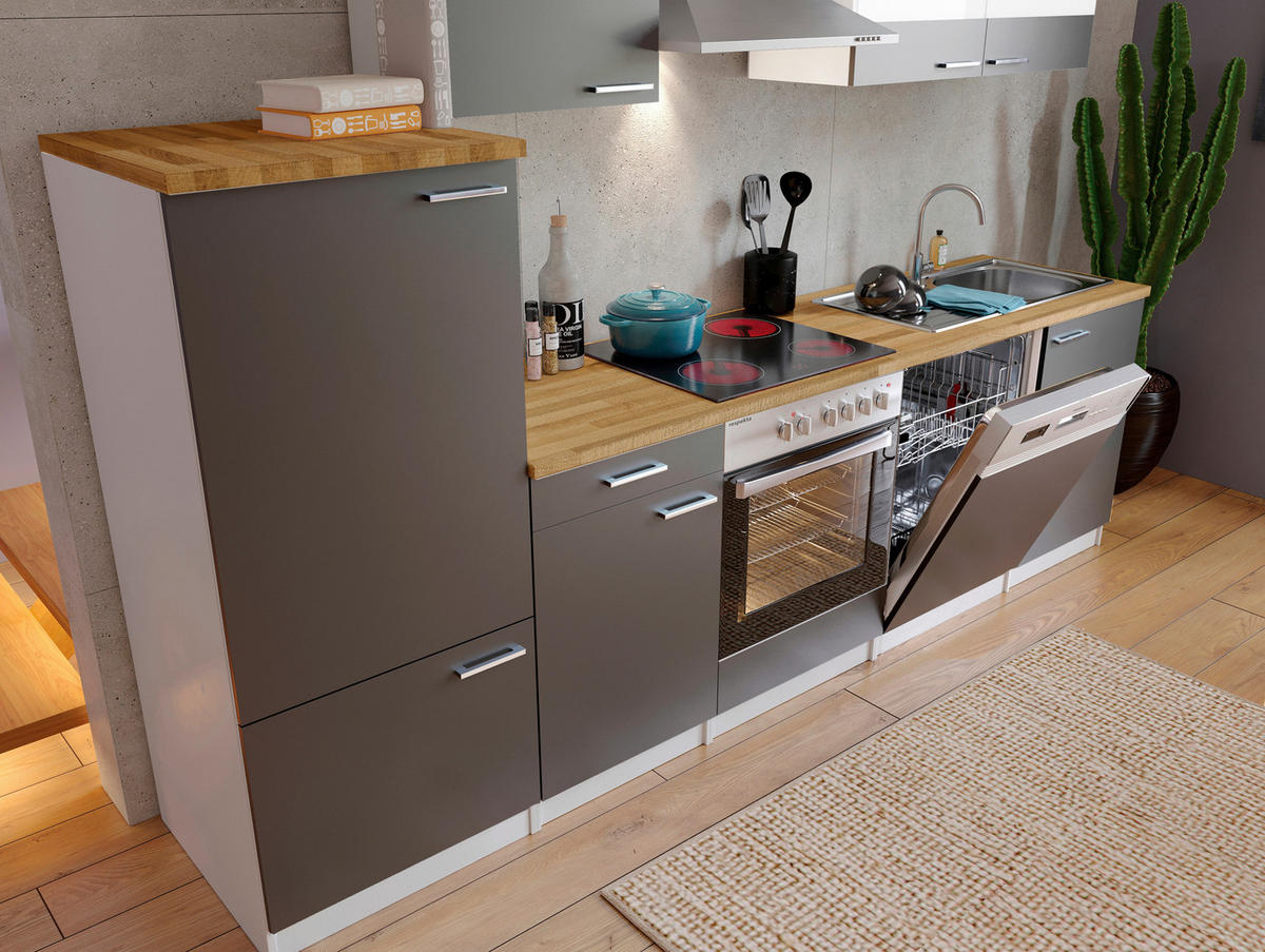 KÜCHENBLOCK 280 cm   in Grau  - Edelstahlfarben/Nussbaumfarben, Basics, Holzwerkstoff/Metall (280cm) - Respekta