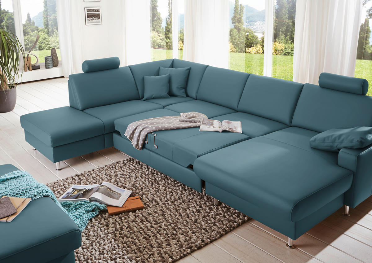 WOHNLANDSCHAFT in Echtleder Blau  - Blau/Alufarben, Design, Leder/Metall (233/339/165cm) - Beldomo Premium