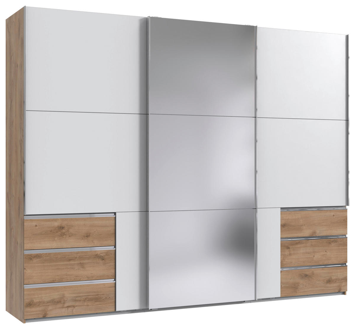 SCHWEBETÜRENSCHRANK  in Weiß, Plankeneiche  - Chromfarben/Plankeneiche, MODERN, Holzwerkstoff (300/236/65cm) - MID.YOU