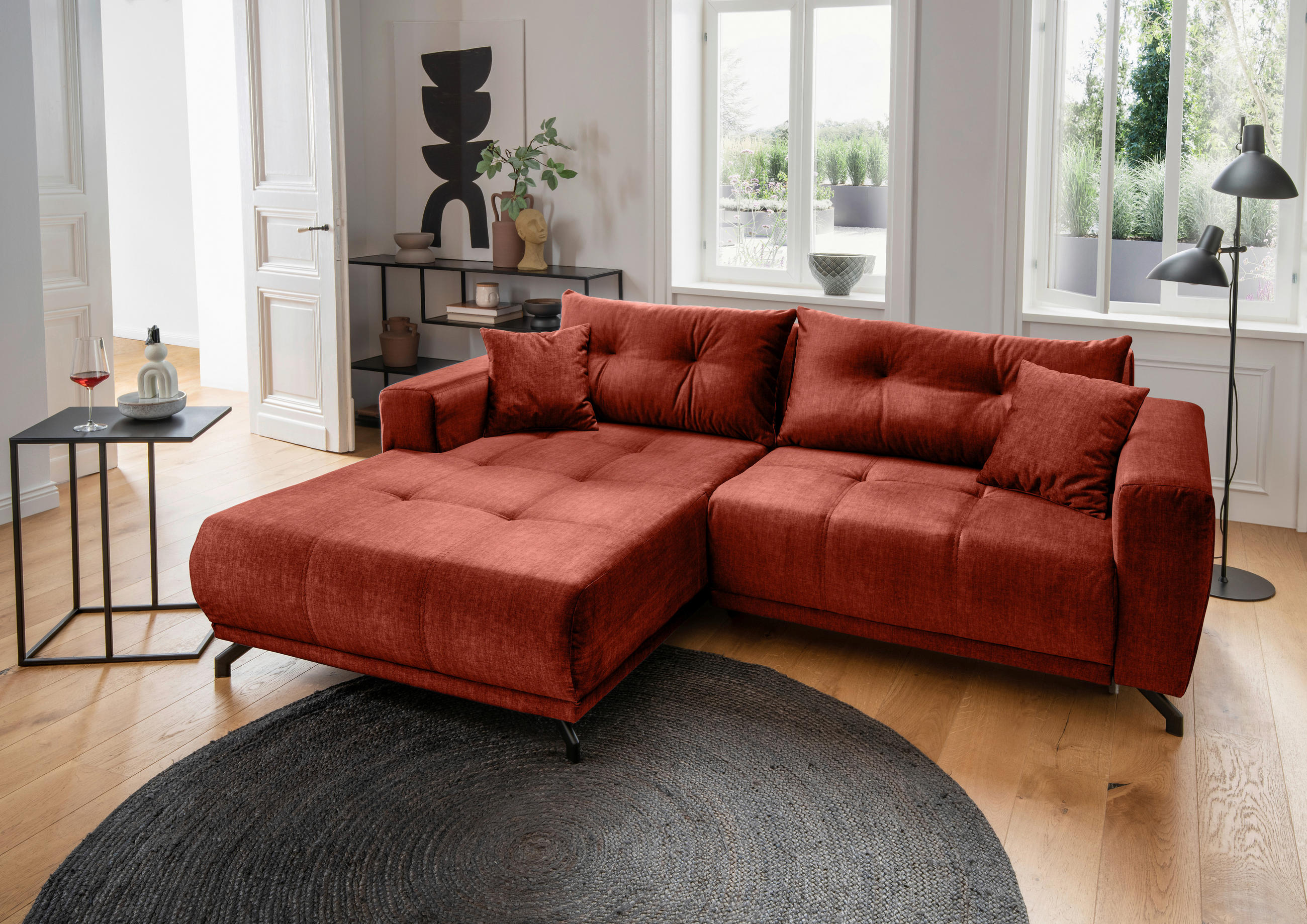 ECKSOFA in Velours Koralle  - Koralle/Schwarz, Modern, Textil/Metall (177/246cm) - MID.YOU