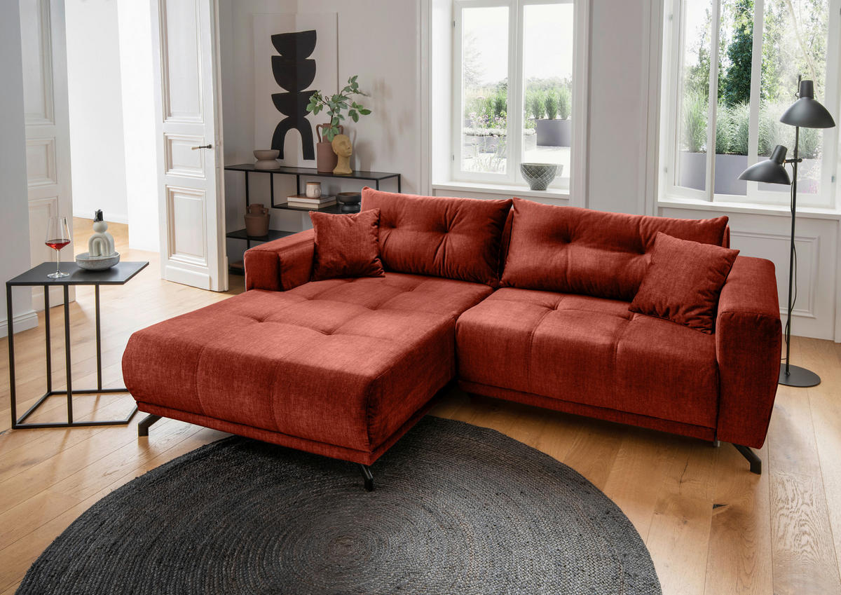 ECKSOFA in Velours Koralle  - Koralle/Schwarz, Modern, Textil/Metall (177/246cm) - MID.YOU
