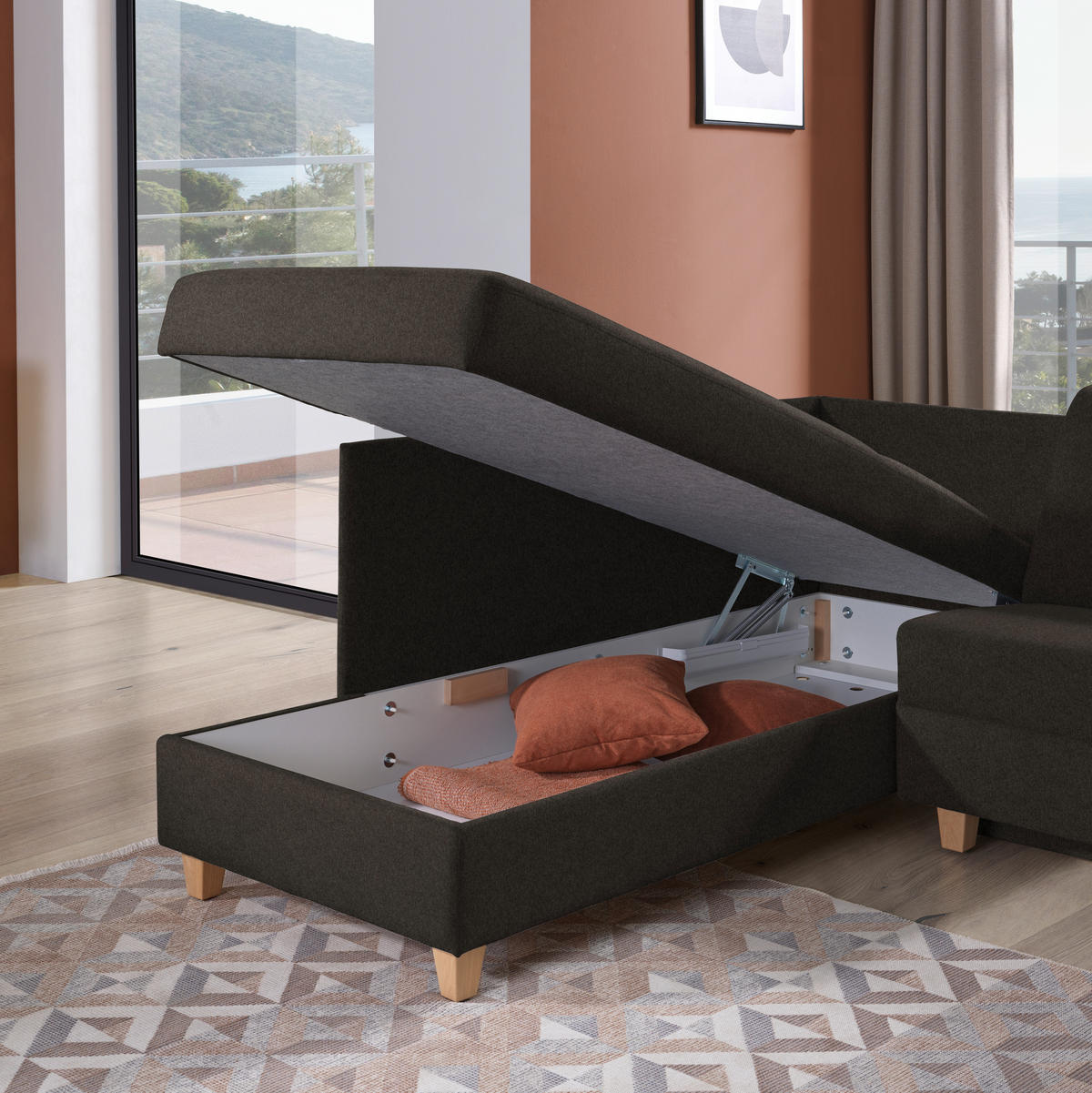ECKSOFA in Flachgewebe Dunkelbraun  203/261 cm  - Eichefarben/Dunkelbraun, KONVENTIONELL, Holz/Textil (203/261cm) - Sedda