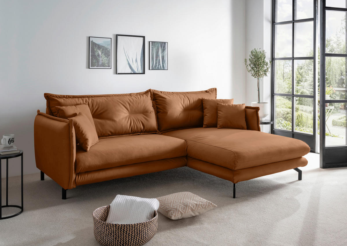 ECKSOFA in Lederlook Cognac  - Cognac/Schwarz, Modern, Textil/Metall (255/180cm) - Livetastic