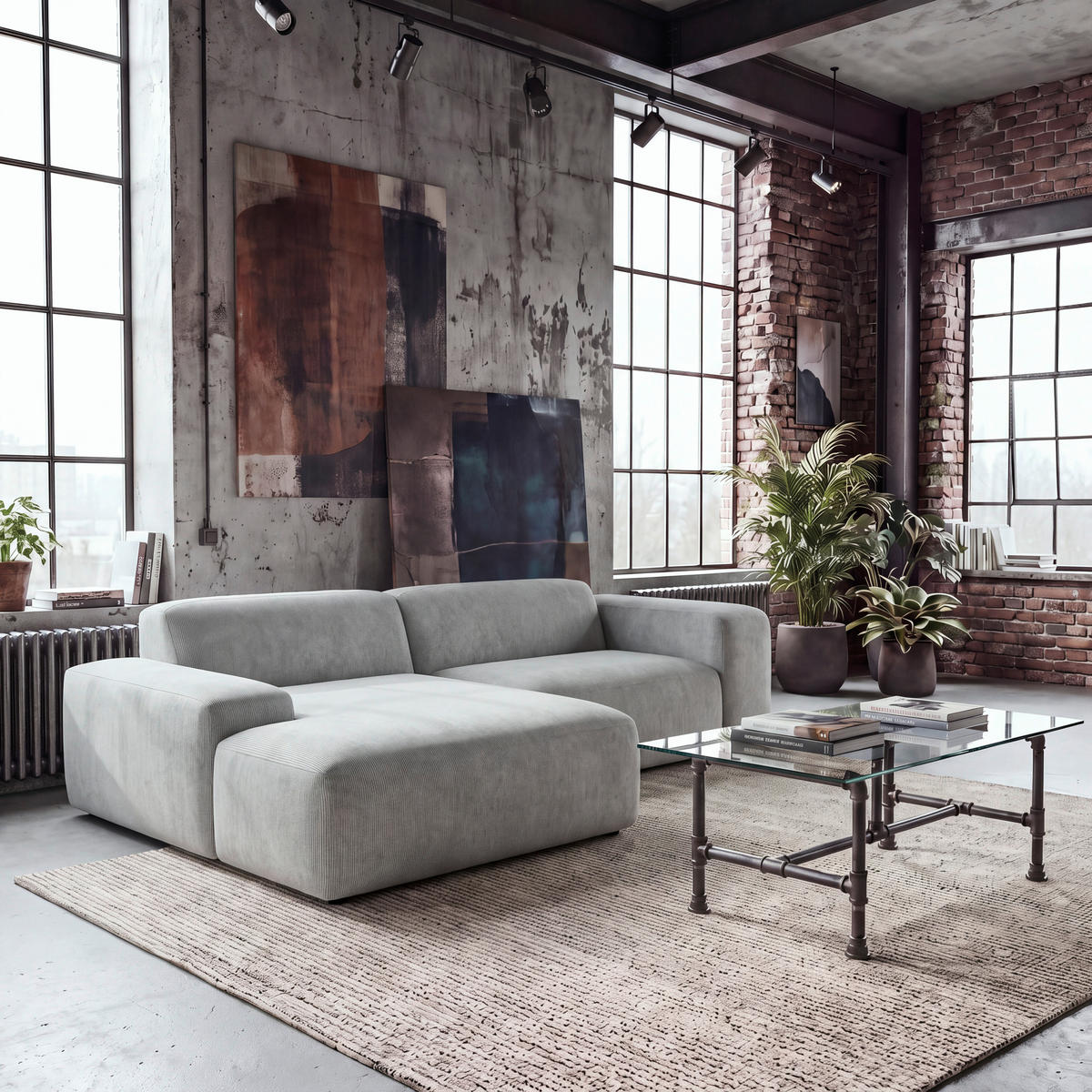 ECKSOFA HANNAH Hellgrau Cord  - Hellgrau/Schwarz, Design, Kunststoff/Textil (170/252cm) - MID.YOU