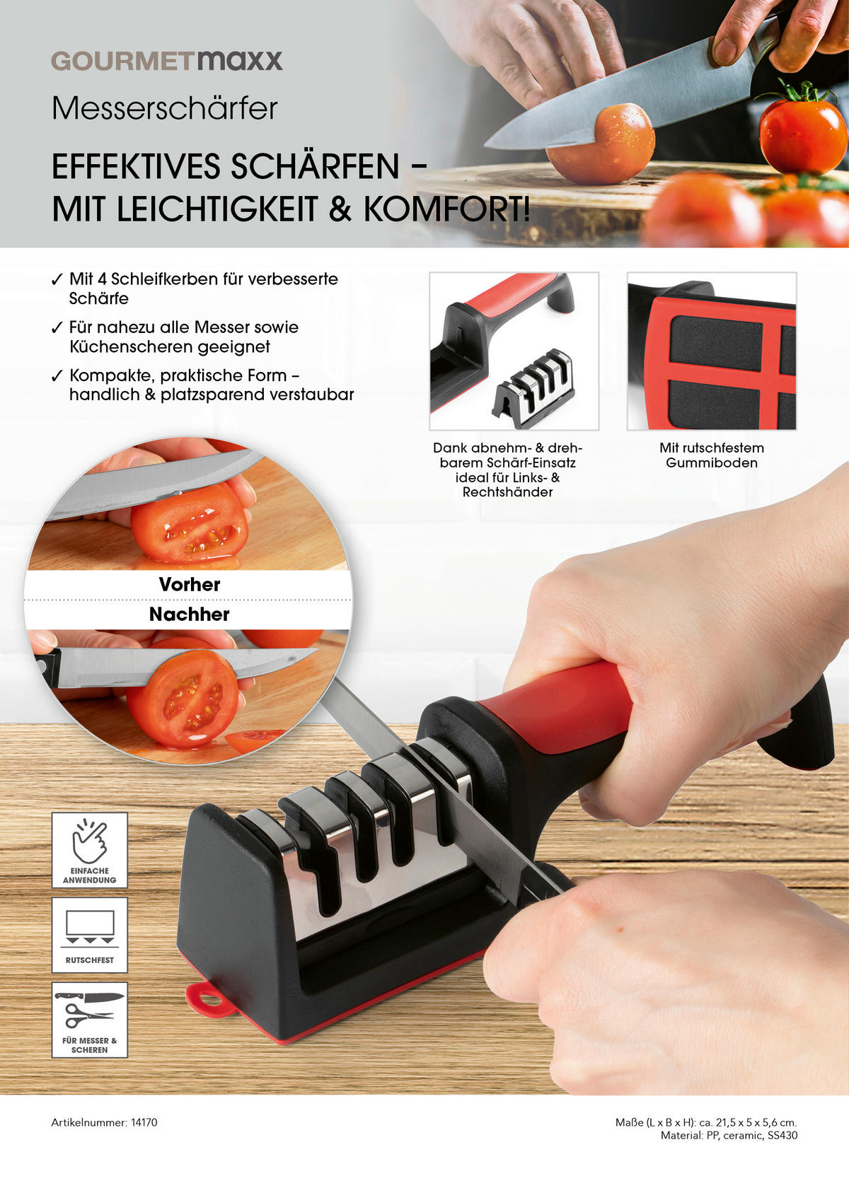 MESSERSCHÄRFER GOURMETmaxx  Keramik  - Rot/Schwarz, Basics, Keramik/Kunststoff (5/5,6/21,5cm) - GOURMETMAXX