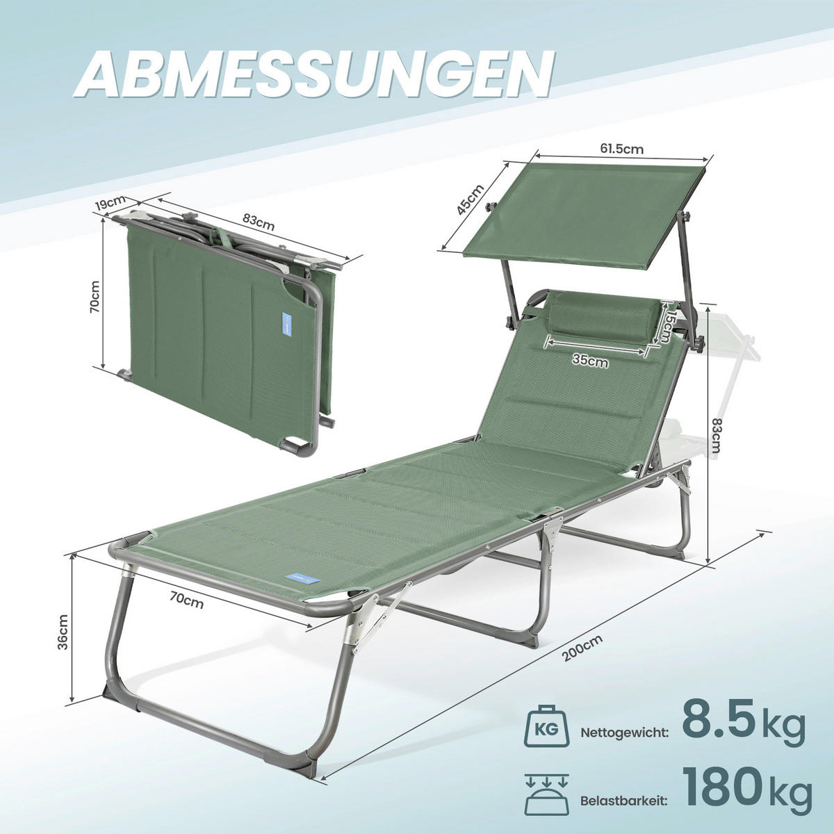 SONNENLIEGE 70/36/200 cm  - Grau/Grün, Basics, Textil/Metall (70/36/200cm) - Modante