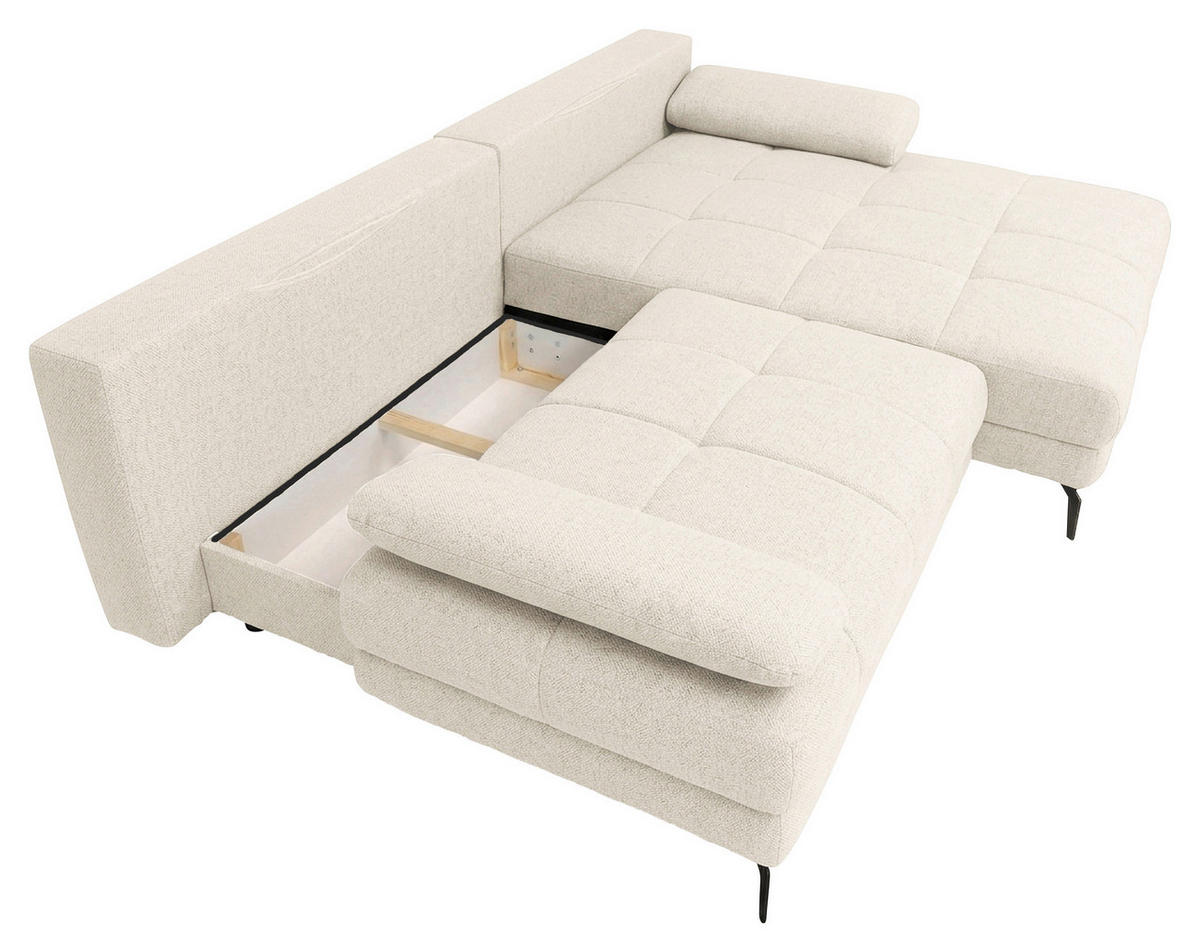 ECKSOFA Perlmutt Struktur Rückenkissen, Bettkasten, Schlaffunktion, Rücken echt, Armteilverstellung, Liegefläche im Originalstoff  - Beige/Perlmutt, MODERN, Textil/Metall (263/181cm) - Carryhome