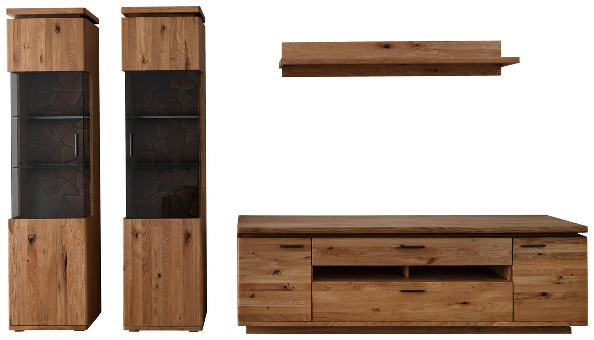 WOHNWAND 4-teilig  in Grau, Eichefarben 340/204/50 cm  - Eichefarben/Anthrazit, Natur, Glas/Holz (340/204/50cm) - Linea Natura