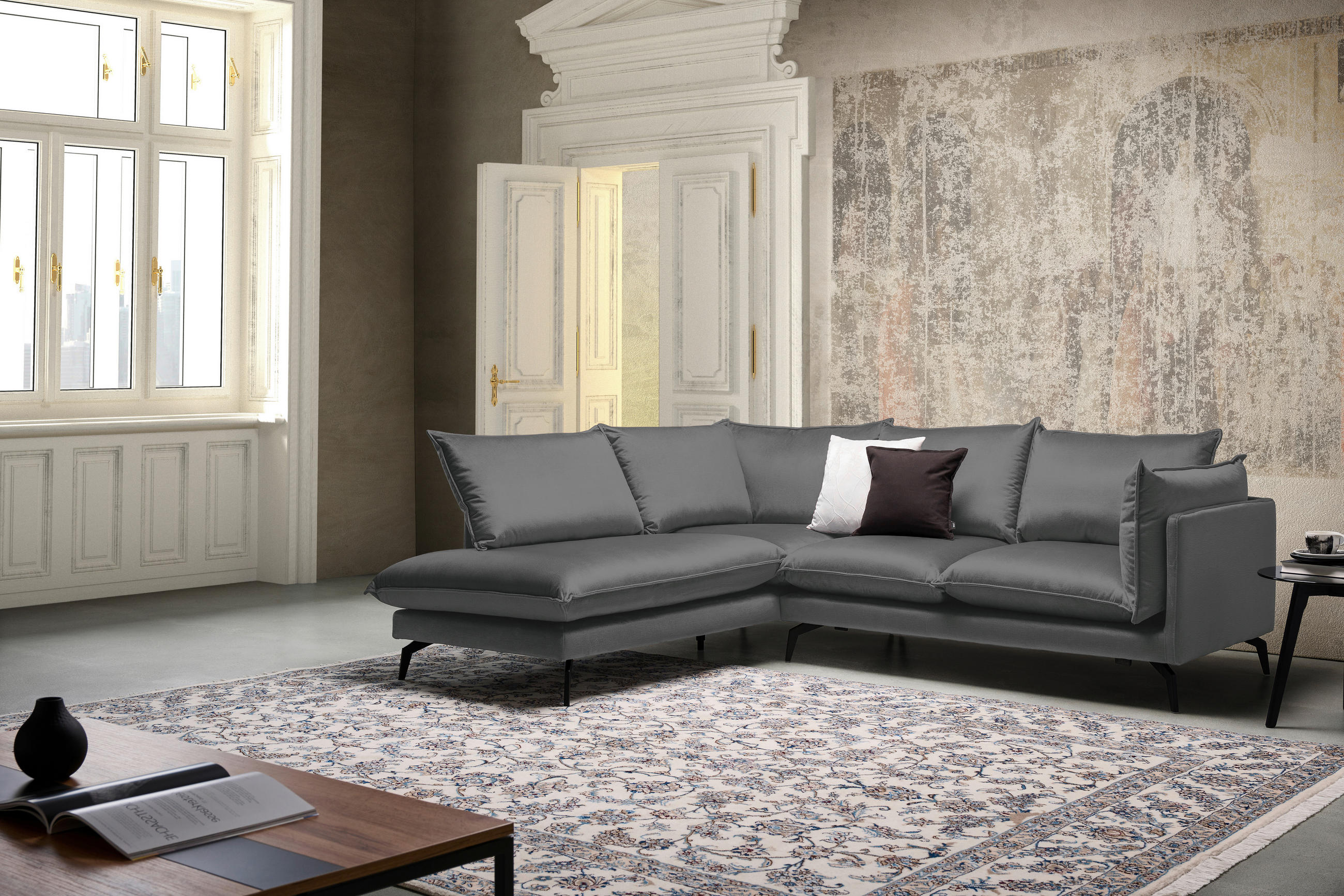ECKSOFA Dunkelgrau Samt  - Dunkelgrau/Schwarz, Design, Textil/Metall (200/241cm) - Carryhome