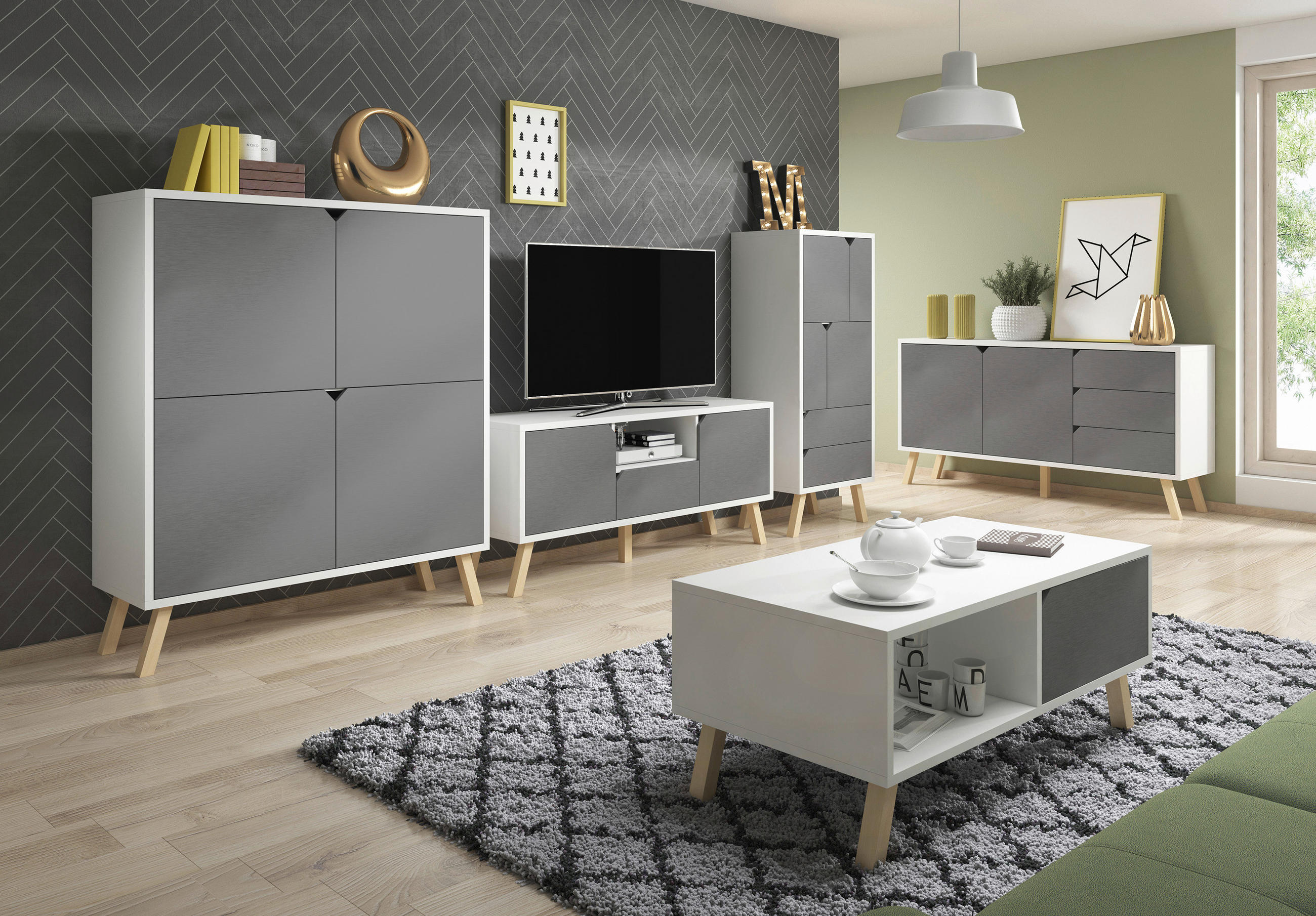 LOWBOARD Buche massiv Graphitfarben, Weiß  - Buchefarben/Graphitfarben, Design, Holz (140/70/42cm) - MID.YOU