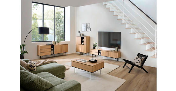 TV-ELEMENT Schwarz, Eichefarben 197/56/41 cm - Eichefarben/Schwarz, Basics, Glas/Holzwerkstoff (197/56/41cm) - Hom`in