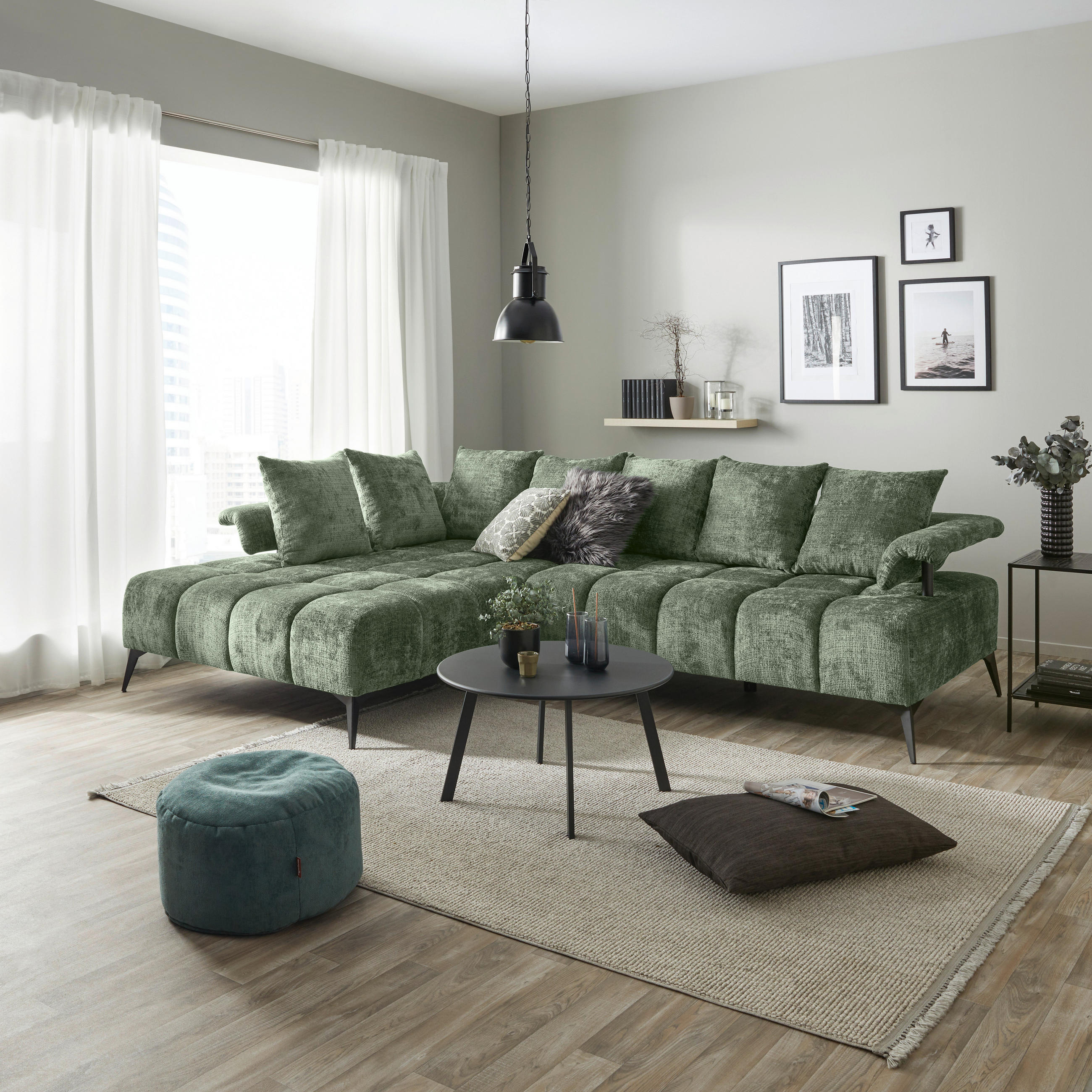ECKSOFA in Flachgewebe Mintgrün  - Schwarz/Mintgrün, Modern, Kunststoff/Textil (200/297cm) - Livetastic
