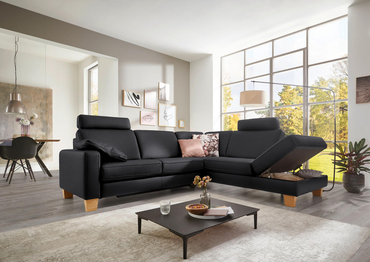 ECKSOFA in Echtleder Anthrazit  - Eiche Bianco/Anthrazit, Konventionell, Leder/Holz (257/235cm) - Valdera