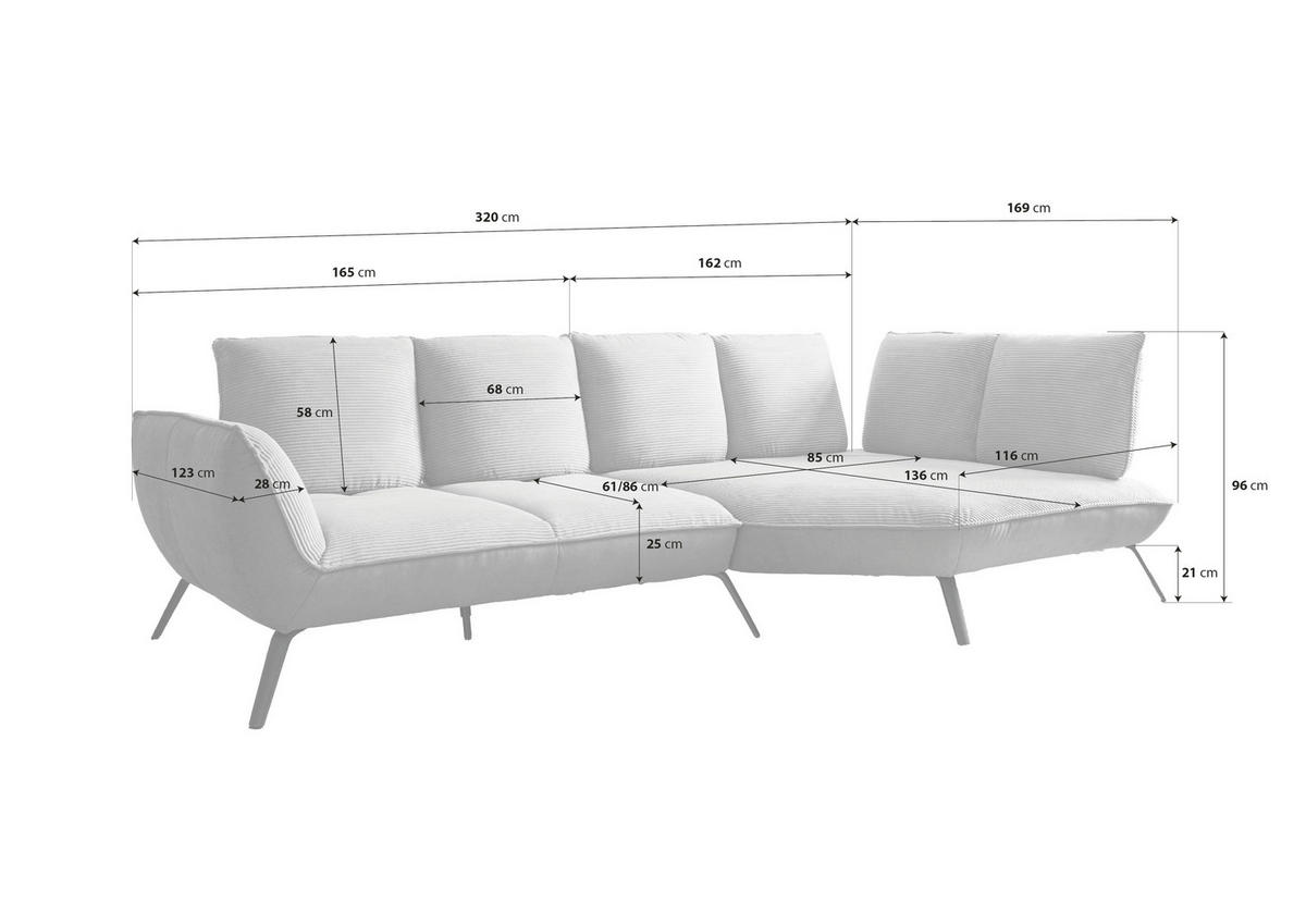 ECKSOFA Braun Flachgewebe Rücken echt, Nierenkissen  - Schwarz/Braun, Design, Textil/Metall (320/169cm) - Moderano