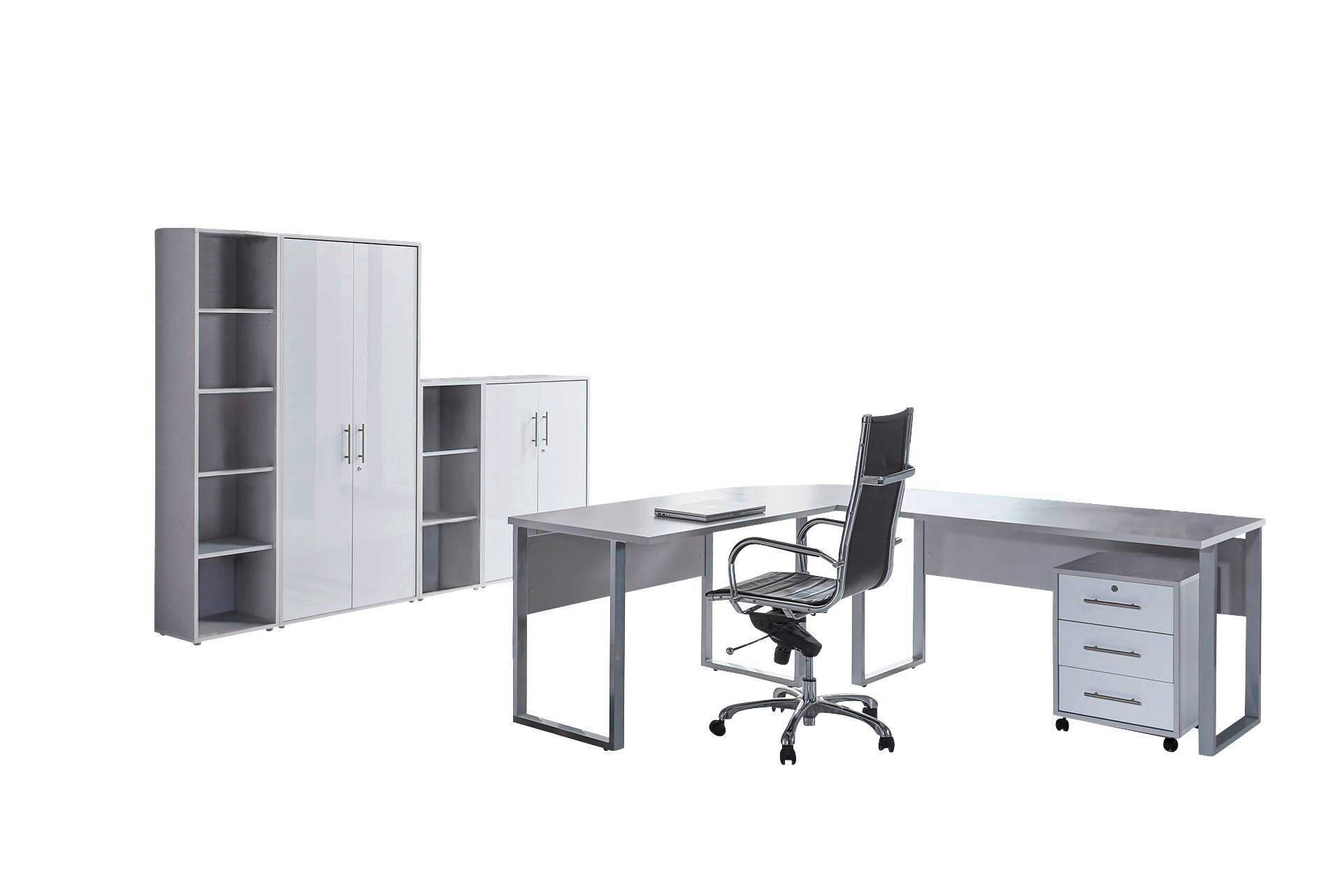 BÜRO erweiterbar, in verschiedenen Holz-Dekoren erhältlich, Schreibtisch seitenverkehrt montierbar, abschließbar Grau, Weiß Hochglanz - Weiß Hochglanz/Grau, MODERN, Holzwerkstoff - MID.YOU
