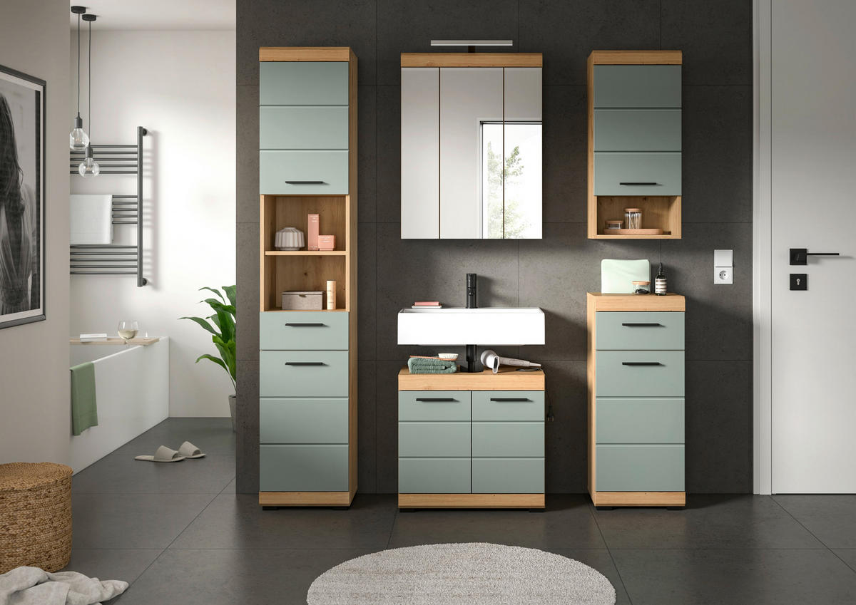 BADEZIMMER 5-teilig  in 154 cm  - Salbeigrün/Schwarz, MODERN, Glas/Holzwerkstoff (154cm) - MID.YOU