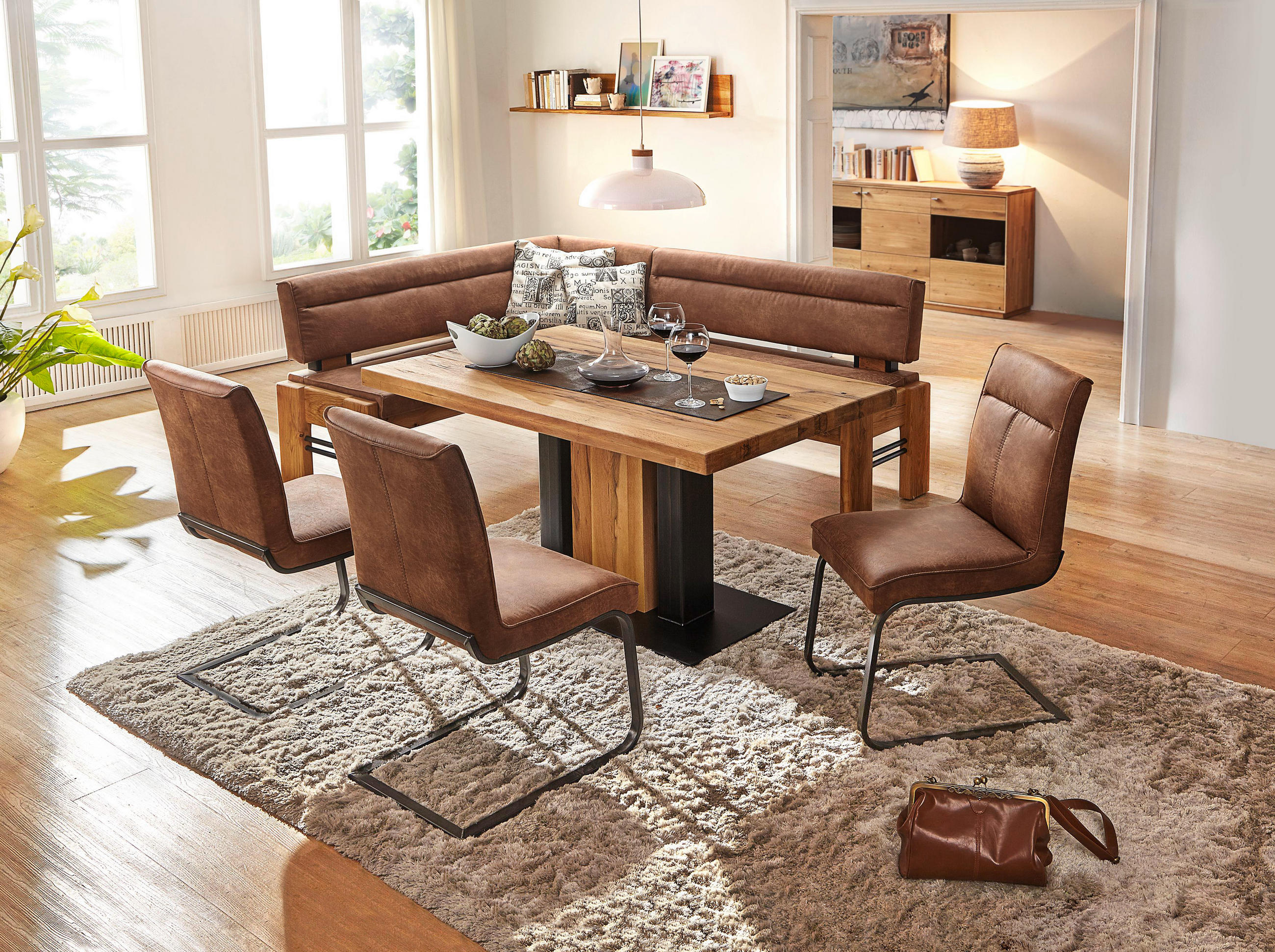 ECKBANK 163/203 cm Mikrofaser Eichefarben, Hellbraun Eiche massiv Holz, Metall   - Hellbraun/Eichefarben, KONVENTIONELL, Holz/Textil (163/203cm) - Moderano
