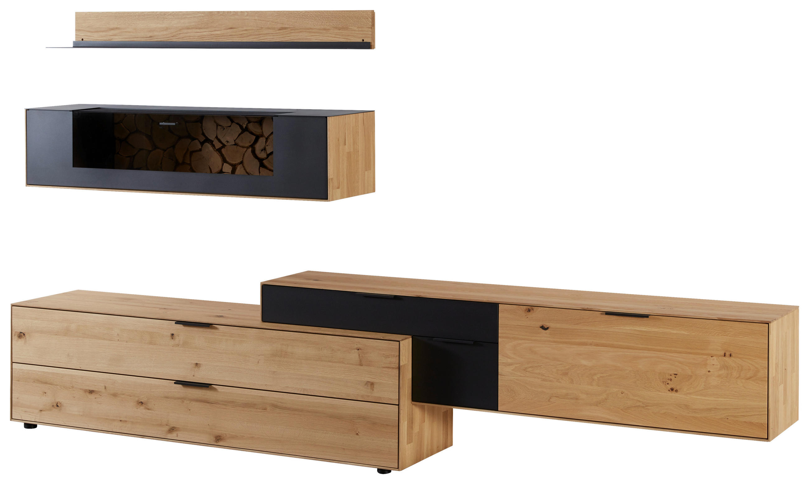 WOHNWAND  in Schwarz, Eichefarben  317,3/130/45,2 cm  - Wildeiche/Eichefarben, Design, Glas/Holz (317,3/130/45,2cm) - Valdera