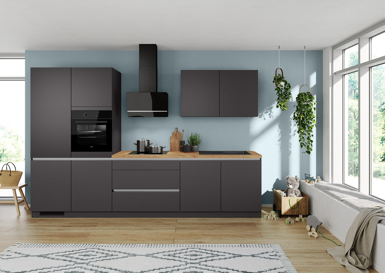 KÜCHENBLOCK 340 cm   in Graphitfarben  - Eichefarben/Graphitfarben, Trend, Holzwerkstoff/Metall (340cm) - Impuls