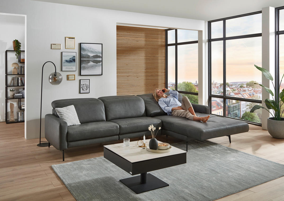 ECKSOFA  in Echtleder Anthrazit  323/179 cm  - Anthrazit/Schwarz, Design, Leder/Metall (323/179cm) - Dieter Knoll