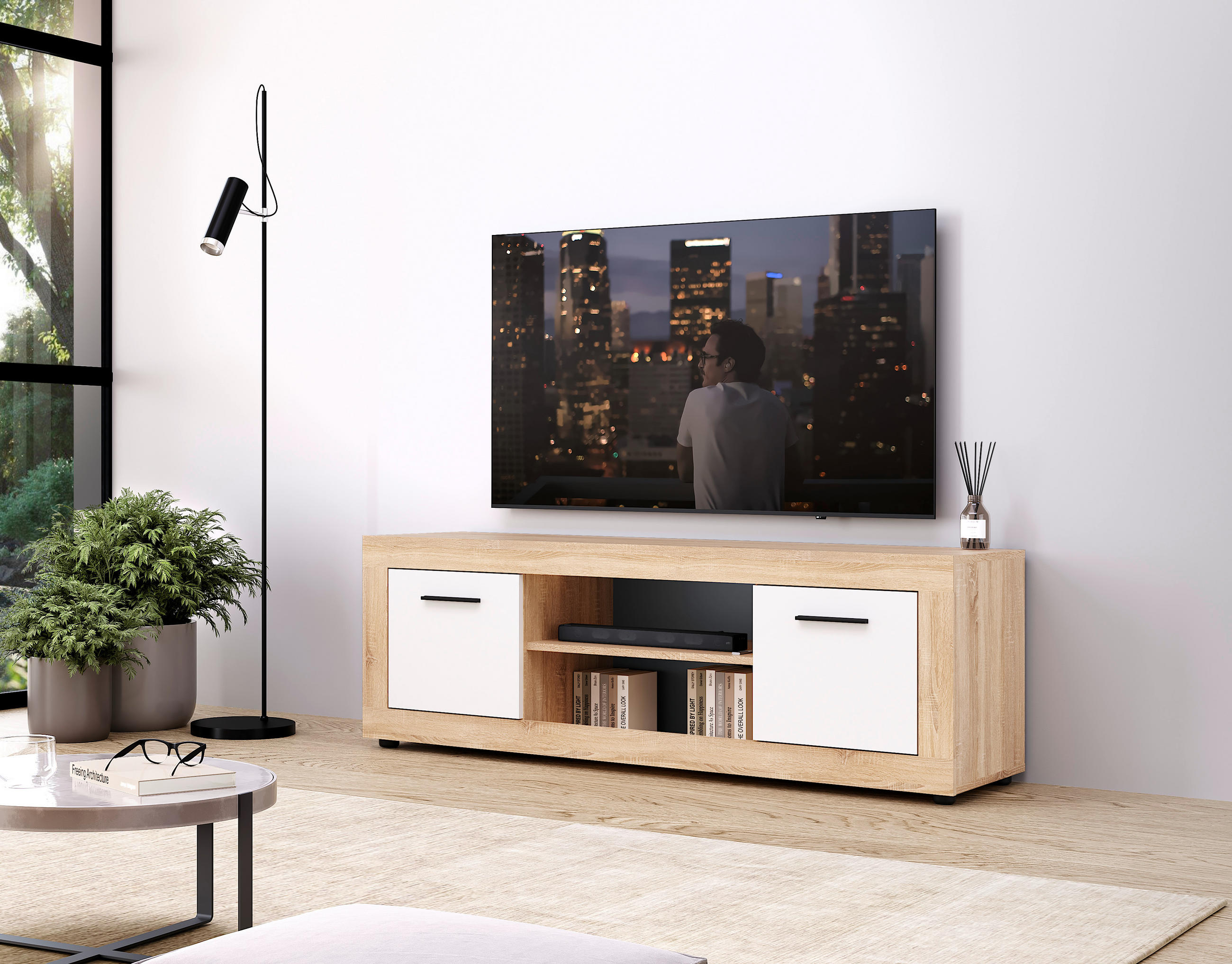 KOMODA - NISKA 140/48/40 cm bijela, hrast Sonoma - bijela/crna, Design, drvni materijal/plastika (140/48/40cm) - MID.YOU