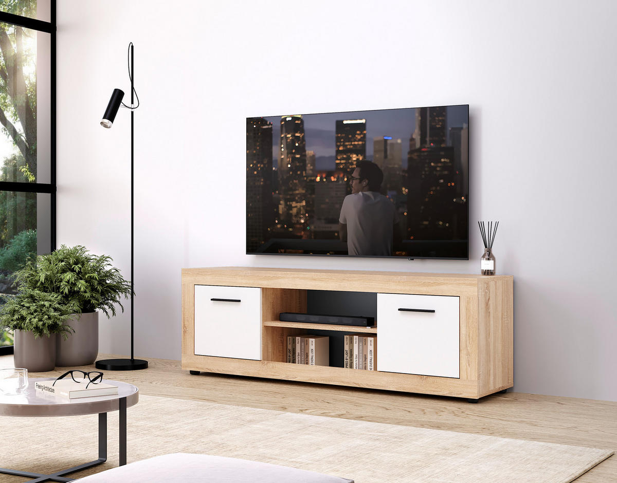 KOMODA - NISKA   140/48/40 cm   bijela, hrast Sonoma   - bijela/crna, Design, drvni materijal/plastika (140/48/40cm) - MID.YOU