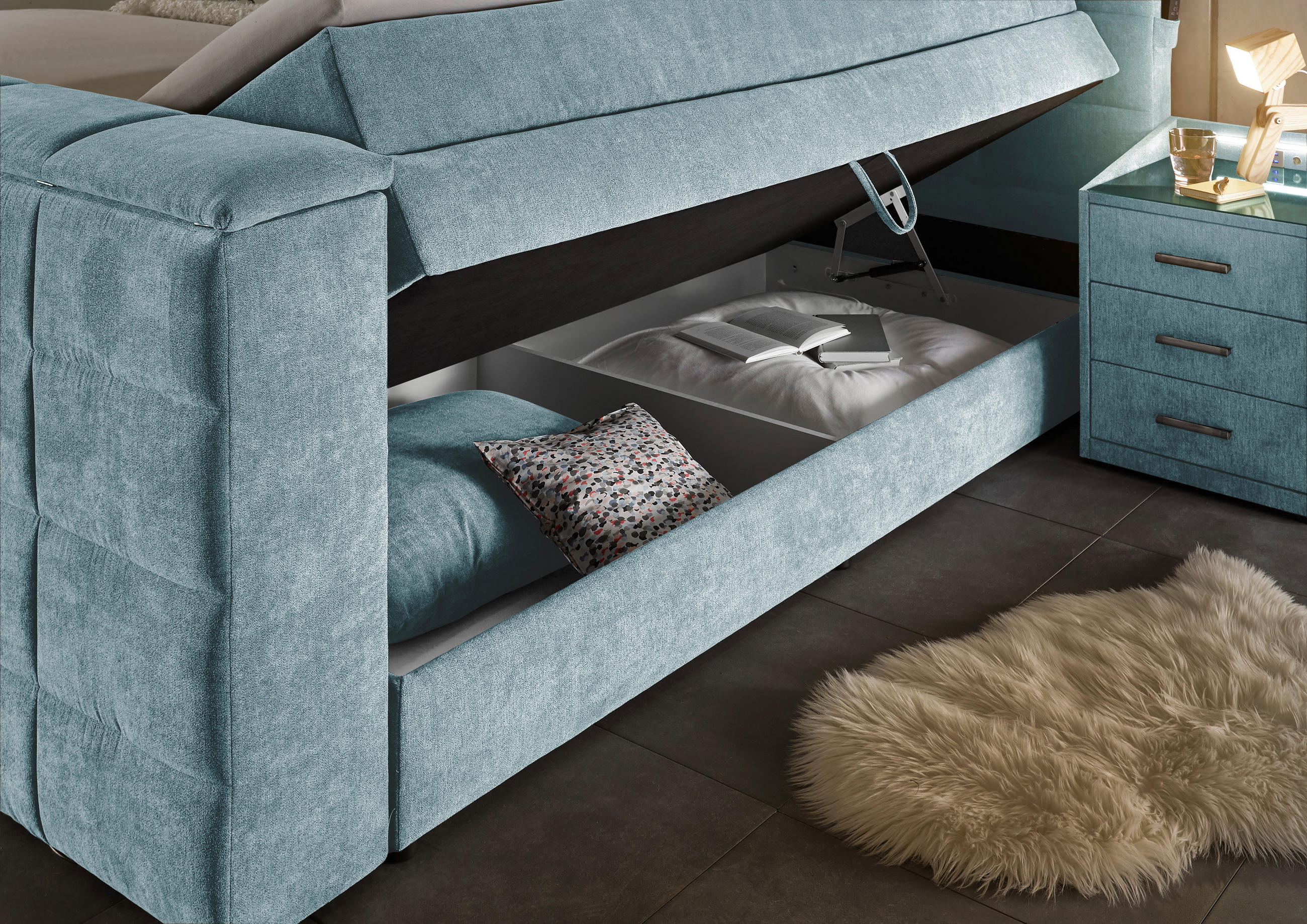 Thumbnail - Boxxx Boxspringbett, Blau, Textil, H2 + H3, 7-Zonen, Höhe ca. 18 cm, 180x200 cm, Bettkasten, gepolstertes Kopfteil, Topp...