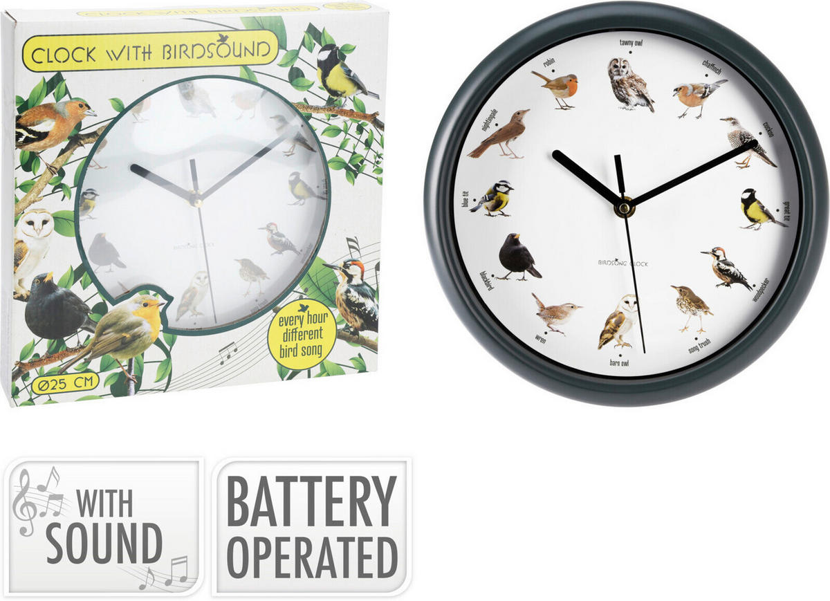 zenélő őra, óra hanggal,madár 25 cm   - fekete, Basics, műanyag (25cm)