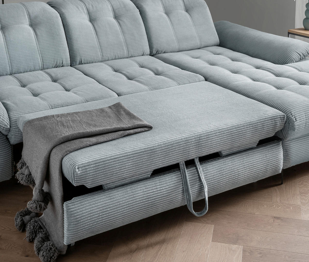 ECKSCHLAFSOFA in Cord Hellblau  - Schwarz/Hellblau, Modern, Textil/Metall (273/189cm) - Livetastic