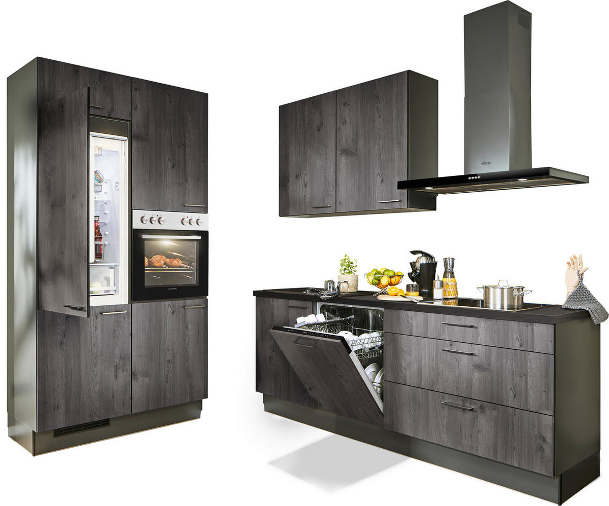 ECKKÜCHE 120/220 cm  in Graphitfarben, Schwarz, Lavagrau  - Eiche dunkel/Lavagrau, Design, Holzwerkstoff/Metall (120/220cm) - Xora
