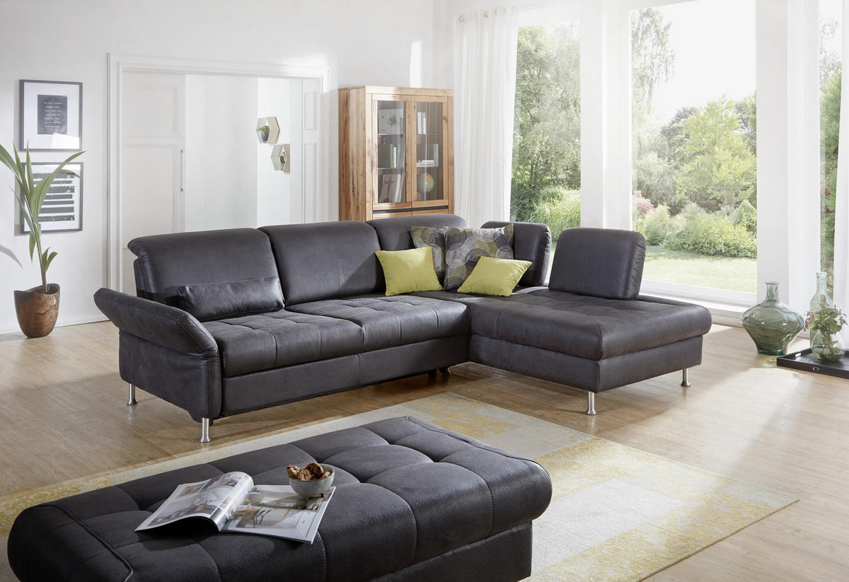 ECKSOFA Anthrazit Mikrofaser  - Anthrazit/Silberfarben, KONVENTIONELL, Textil/Metall (255/210cm) - Cantus