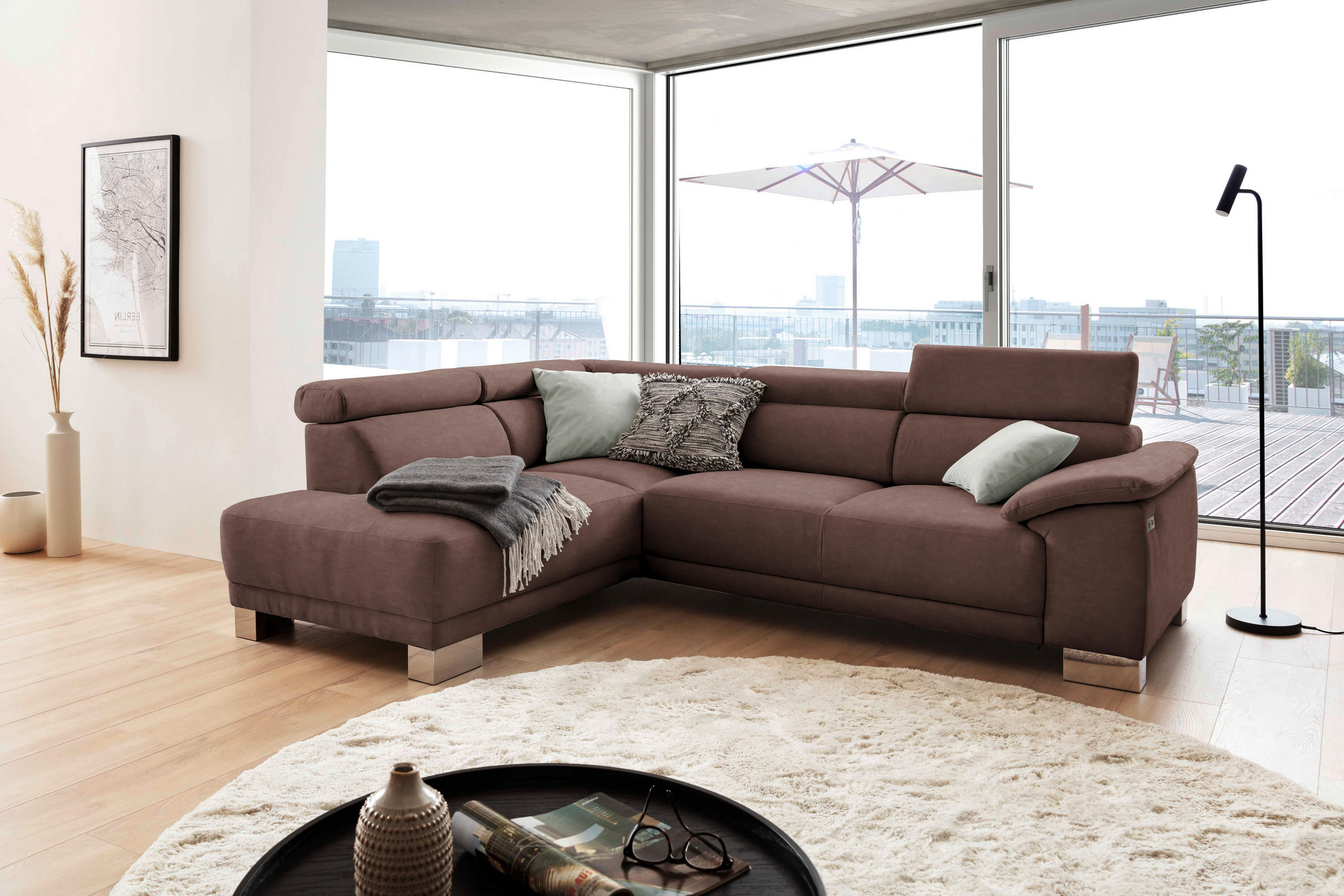 ECKSOFA in Mikrofaser Braun  - Chromfarben/Braun, Design, Holz/Textil (205/270cm) - Pure Home Lifestyle