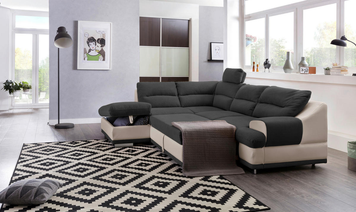 WOHNLANDSCHAFT Schwarz, Sandfarben Chenille  - Sandfarben/Chromfarben, KONVENTIONELL, Textil/Metall (217/264cm) - MID.YOU