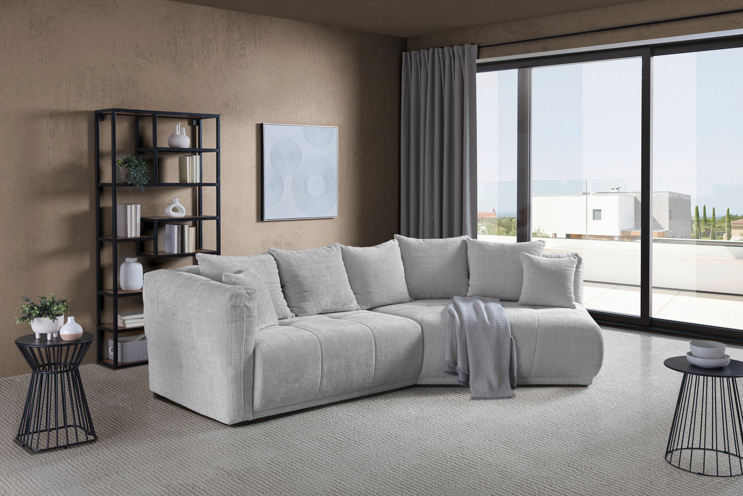 ECKSOFA in Chenille Hellgrau  315/180 cm  - Hellgrau/Schwarz, MODERN, Kunststoff/Textil (315/180cm) - Hom`in