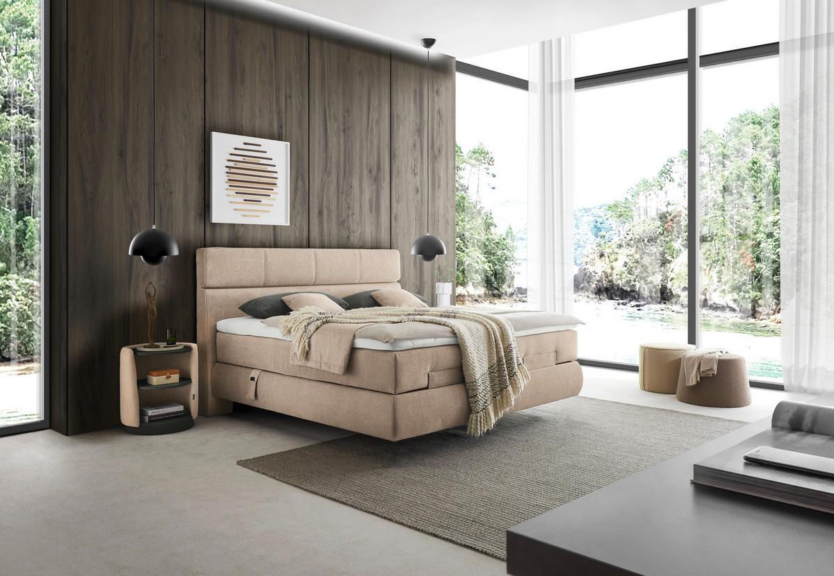 BOXSPRINGBETT 180/200 cm,  in Beige, motorische Verstellbarkeit, Matratzen, H3 + H3 = fest  - Beige/Schwarz, Design, Kunststoff/Textil (180/200cm) - Dieter Knoll