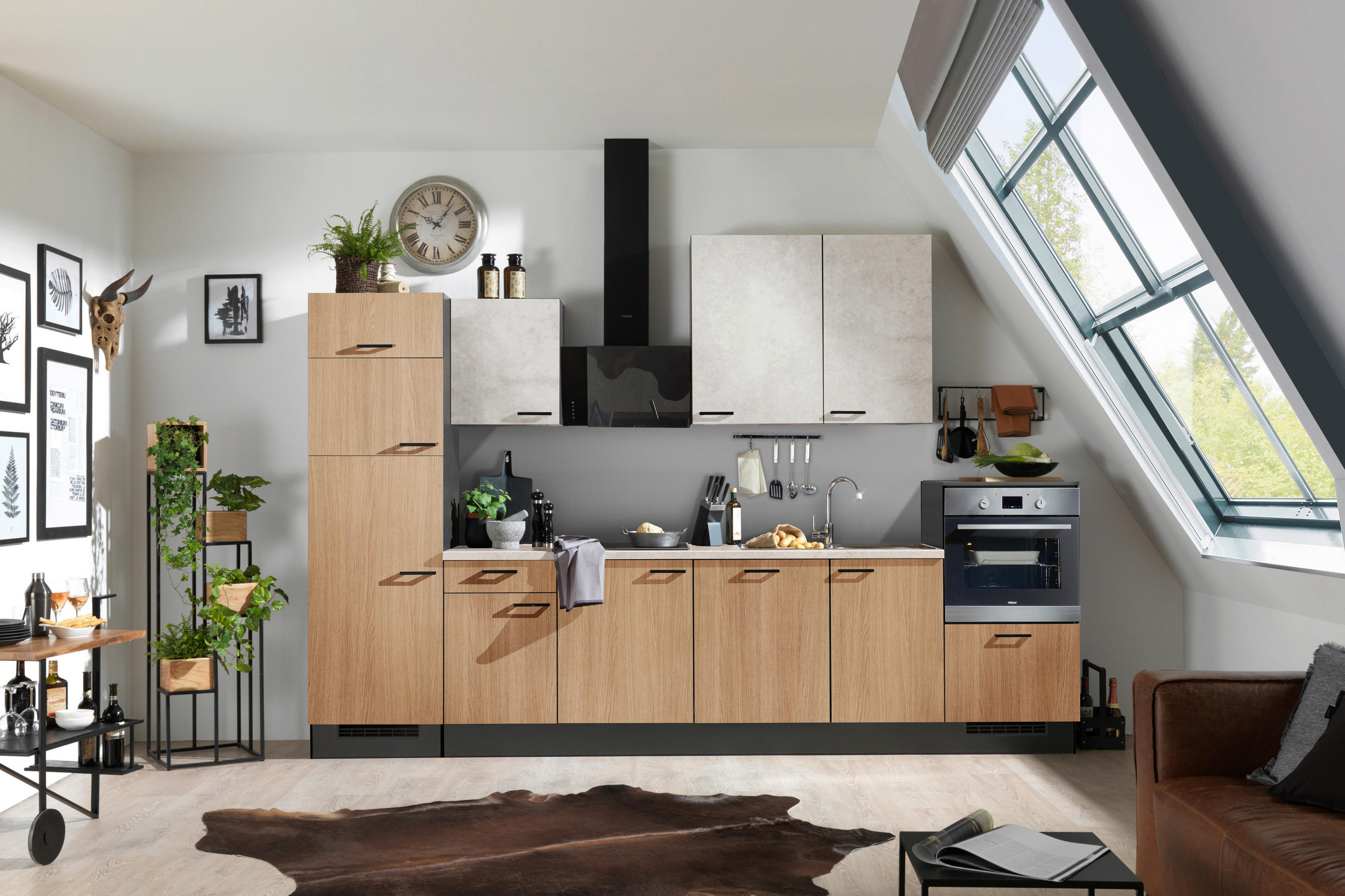 KÜCHENLEERBLOCK 340 cm   in Graphitfarben, Eichefarben, Hellgrau  - Eichefarben/Hellgrau, Design, Holzwerkstoff/Metall (340cm) - Xora