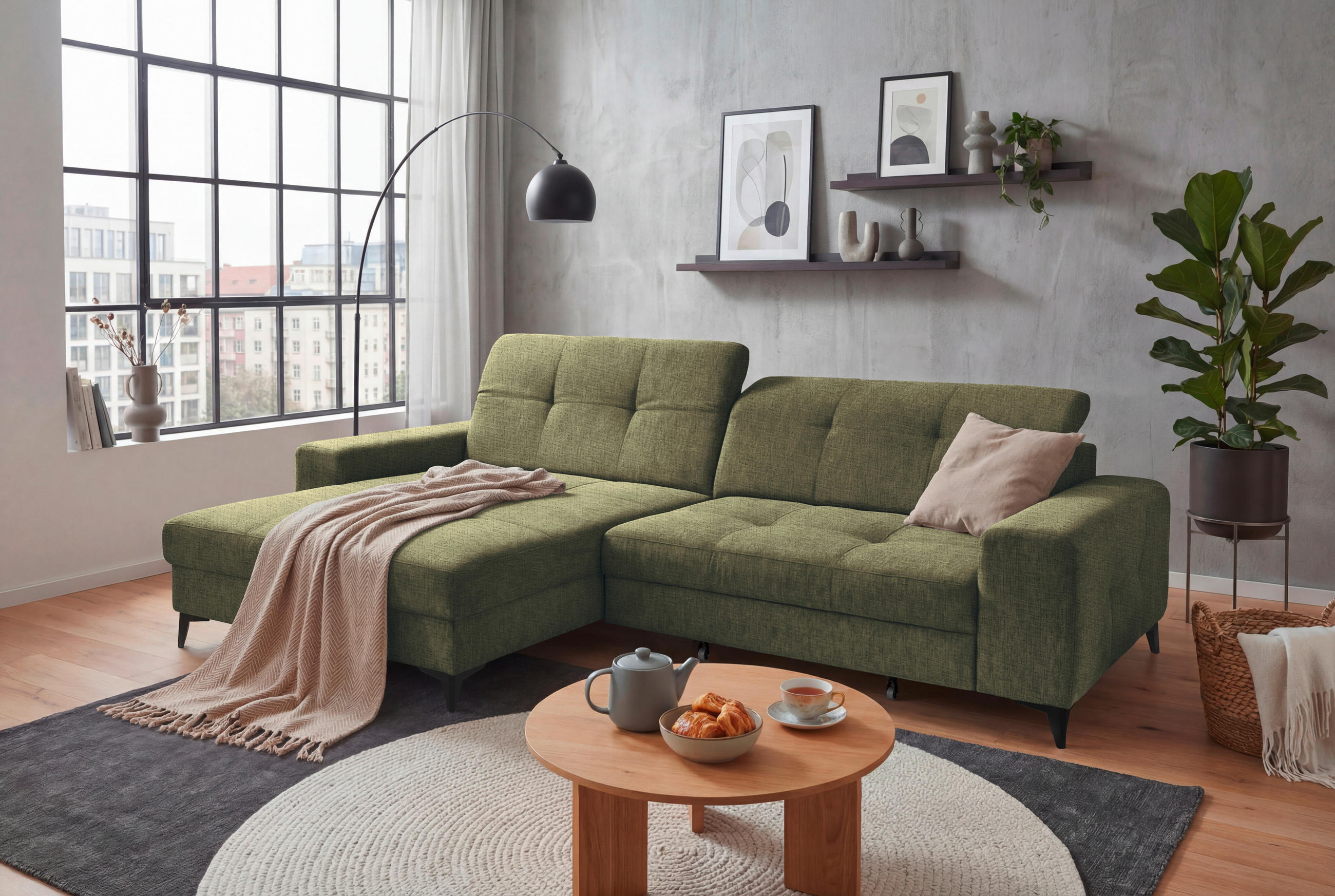 ECKSOFA SORELLA Dunkelgrün Chenille Kopfteilverstellung, Sitztiefenverstellung  - Dunkelgrün/Schwarz, Design, Kunststoff/Textil (182/328cm) - MID.YOU