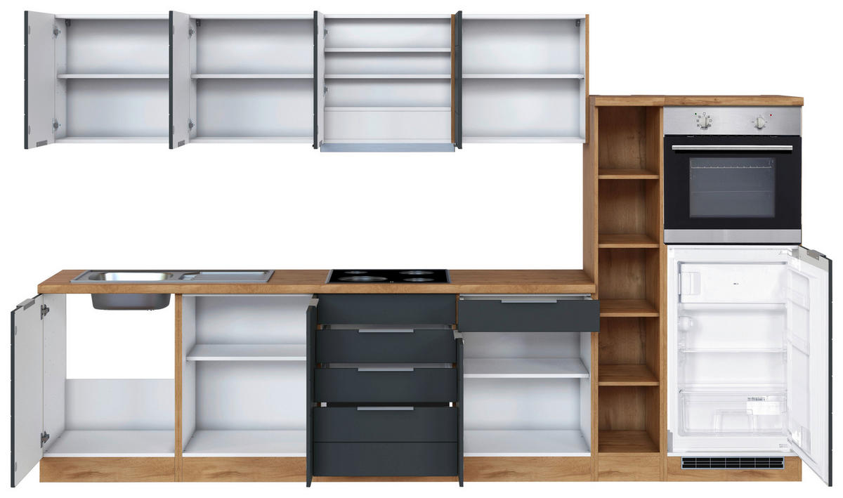 KÜCHENBLOCK 330 cm   in Grau, Eiche Wotan  - Eiche Wotan/Grau, Design, Holzwerkstoff/Metall (330cm) - Held