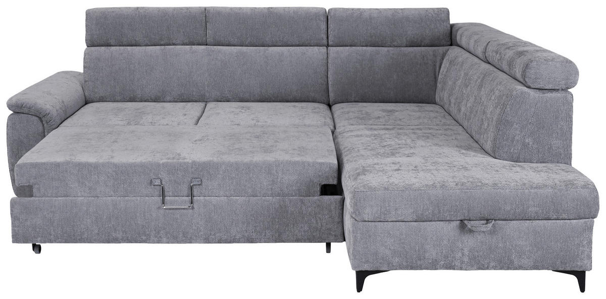 ECKSOFA Hellgrau Chenille Bettkasten, Schlaffunktion, Rücken echt, Kopfteilverstellung, Liegefläche im Originalstoff  - Hellgrau/Schwarz, KONVENTIONELL, Textil/Metall (265/206cm) - Carryhome