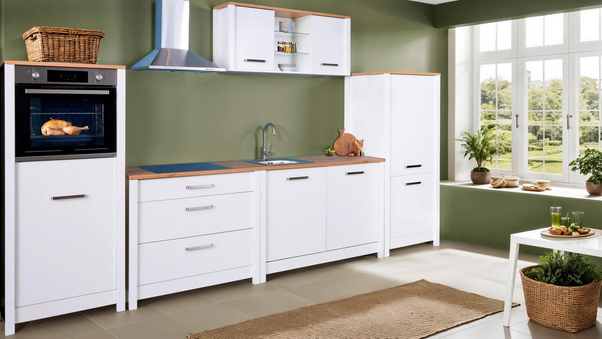 KÜCHENLEERBLOCK 370 cm   in Weiß, Eiche Artisan  - Silberfarben/Eiche Artisan, MODERN, Glas/Holzwerkstoff (370cm) - home24