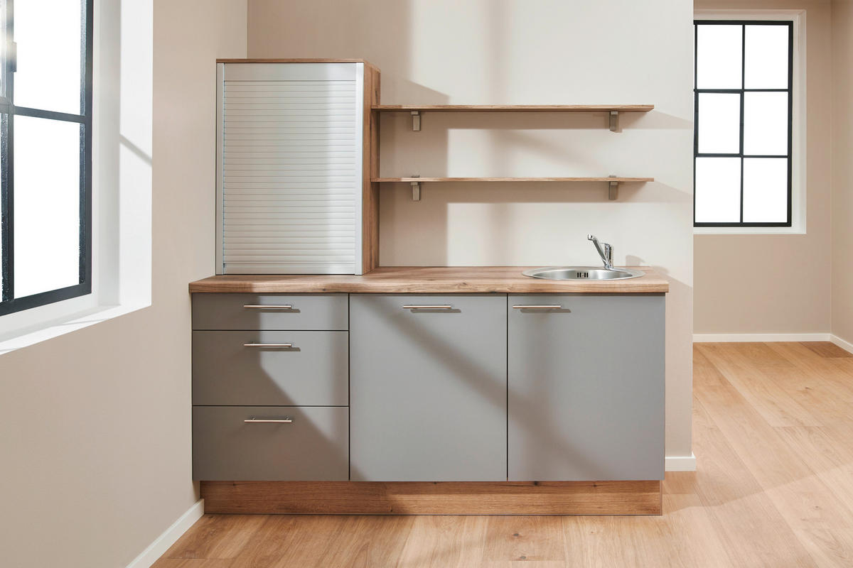 KÜCHENBLOCK 180 cm   in Grau, Eichefarben  - Edelstahlfarben/Eichefarben, Design, Holzwerkstoff/Metall (180cm) - Pino