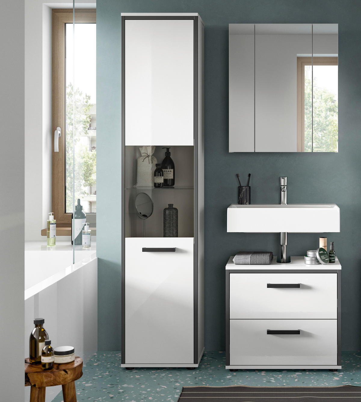 BADEZIMMER 3-teilig  in 100 cm  - Weiß Hochglanz/Schwarz, MODERN, Holzwerkstoff/Kunststoff (100cm) - MID.YOU