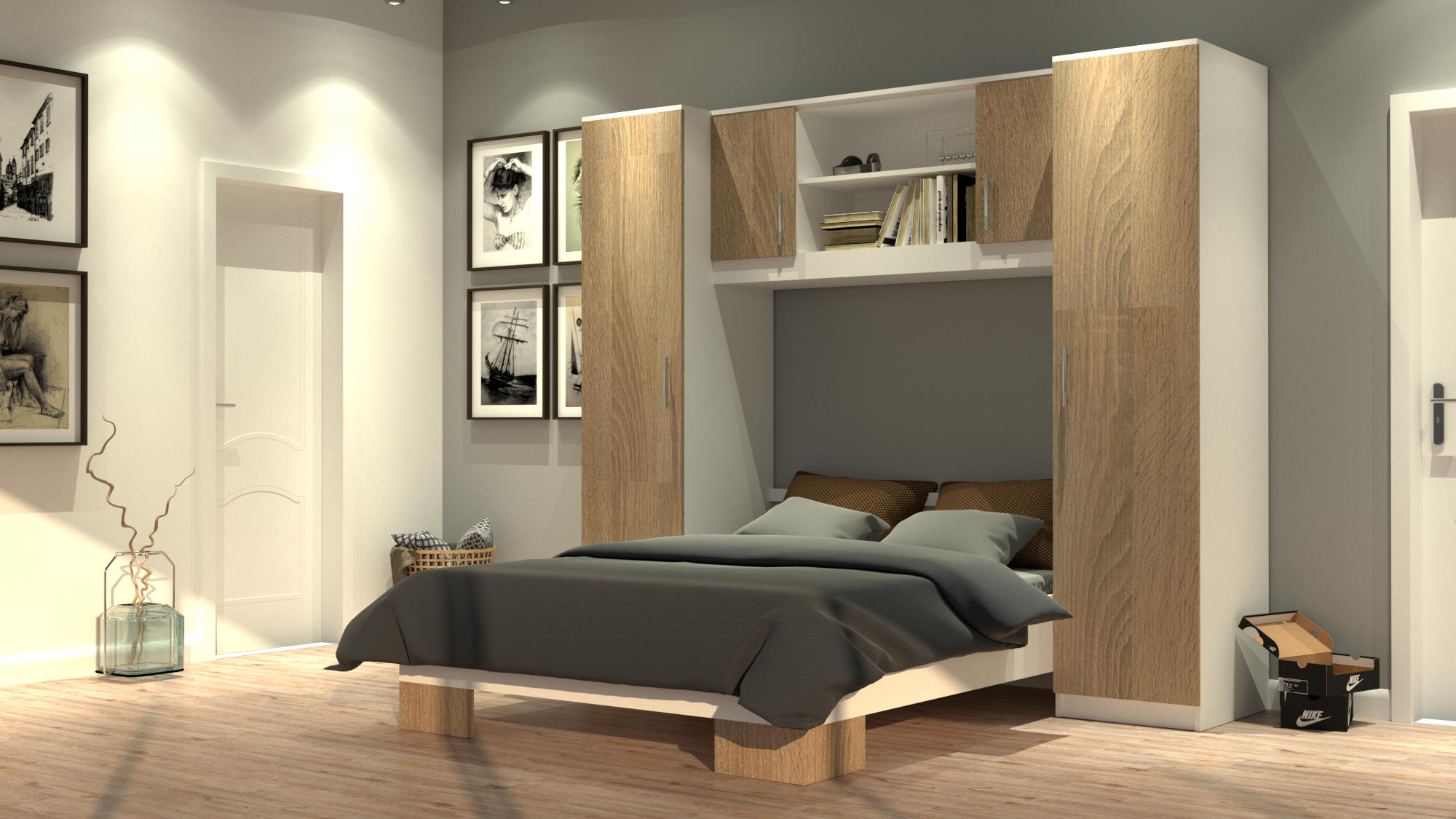 SPAVAĆA SOBA bijela, hrast Sonoma - bijela/hrast Sonoma, Design, drvni materijal (255/215/204cm)